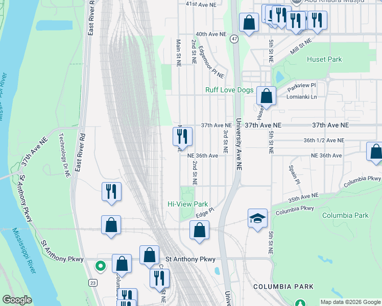 map of restaurants, bars, coffee shops, grocery stores, and more near 3626 2nd Street Northeast in Minneapolis