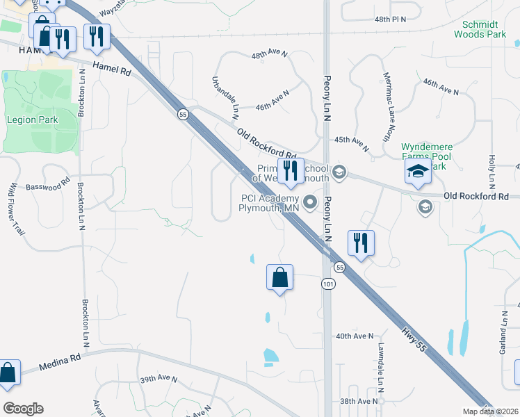 map of restaurants, bars, coffee shops, grocery stores, and more near 18245 Hamel Road in Plymouth