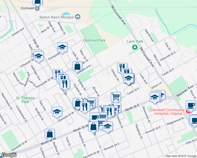 map of restaurants, bars, coffee shops, grocery stores, and more near 1101 Gretchen Court in Cornwall