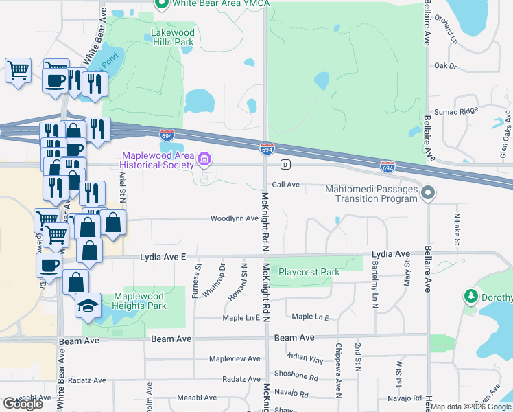 map of restaurants, bars, coffee shops, grocery stores, and more near 3095 McKnight Road North in Maplewood
