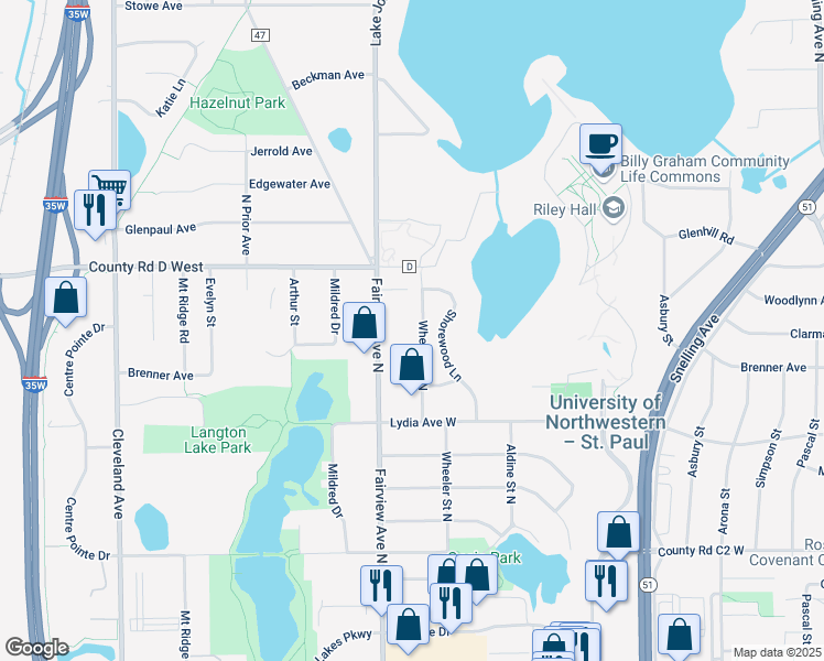 map of restaurants, bars, coffee shops, grocery stores, and more near 3075 Shorewood Lane in Roseville