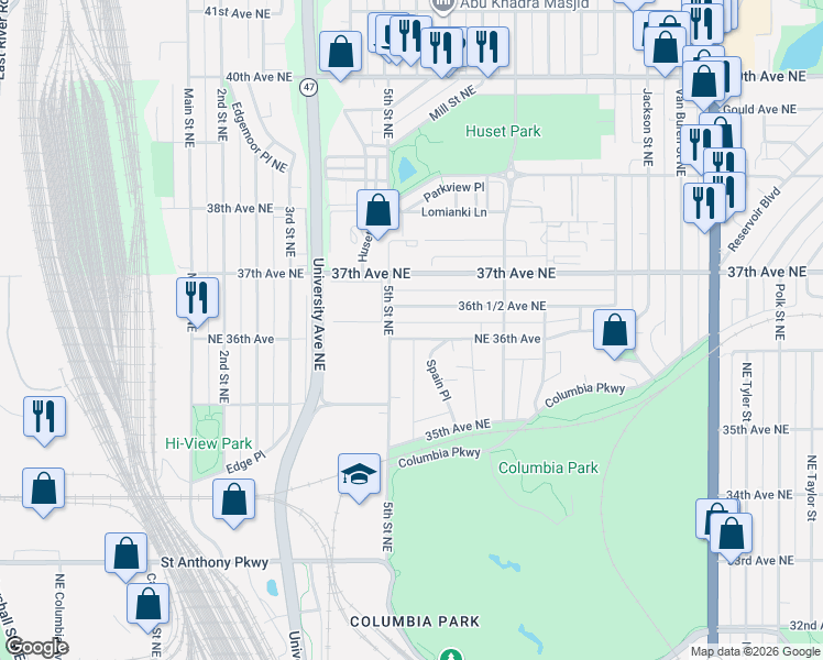 map of restaurants, bars, coffee shops, grocery stores, and more near 506 36th 1/2 Avenue Northeast in Minneapolis