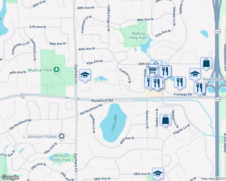 map of restaurants, bars, coffee shops, grocery stores, and more near 10600 43rd Avenue North in Minneapolis