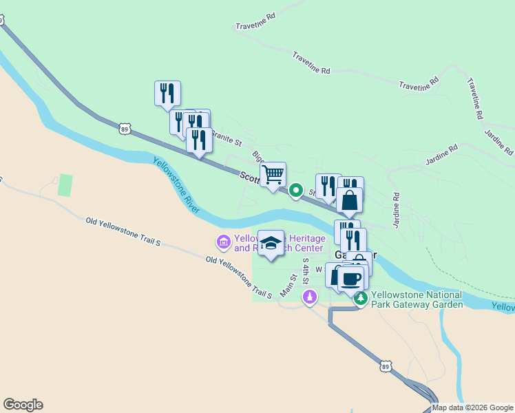 map of restaurants, bars, coffee shops, grocery stores, and more near 104 Vista Street in Gardiner