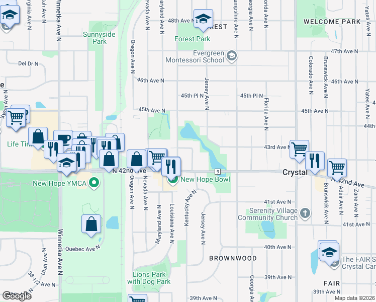 map of restaurants, bars, coffee shops, grocery stores, and more near 7000 43rd Avenue North in Minneapolis