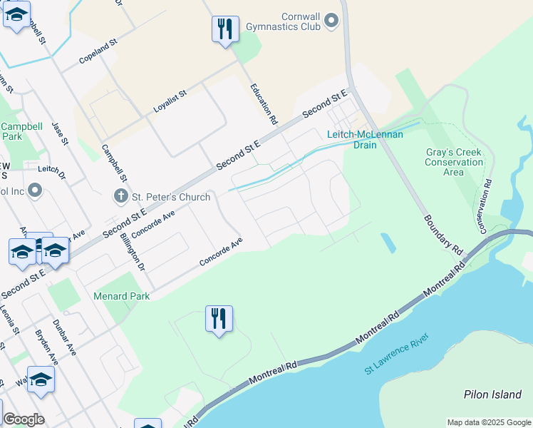 map of restaurants, bars, coffee shops, grocery stores, and more near Tremblay Avenue in Cornwall