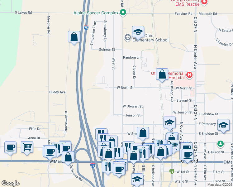 map of restaurants, bars, coffee shops, grocery stores, and more near 422-698 West St in Gaylord