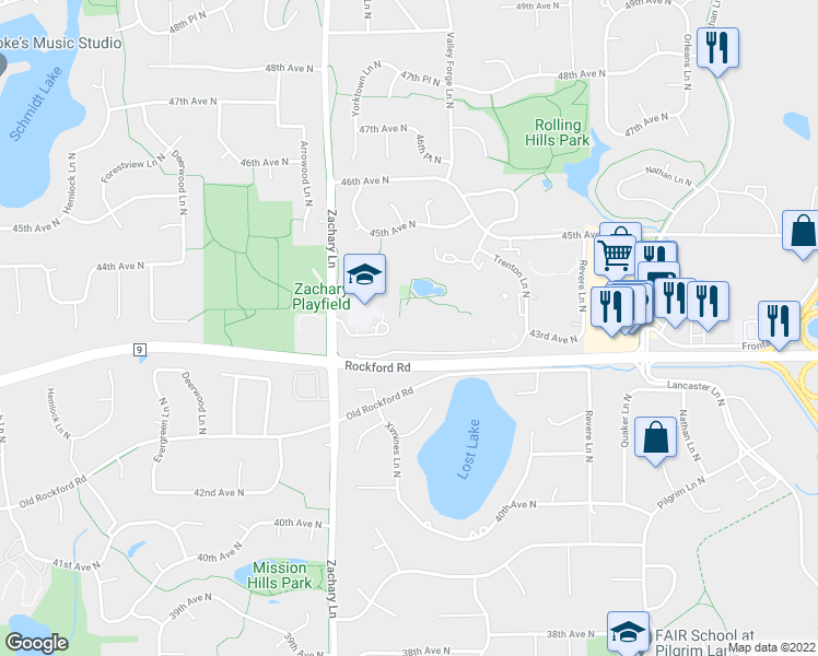 map of restaurants, bars, coffee shops, grocery stores, and more near 10840 Rockford Road in Minneapolis