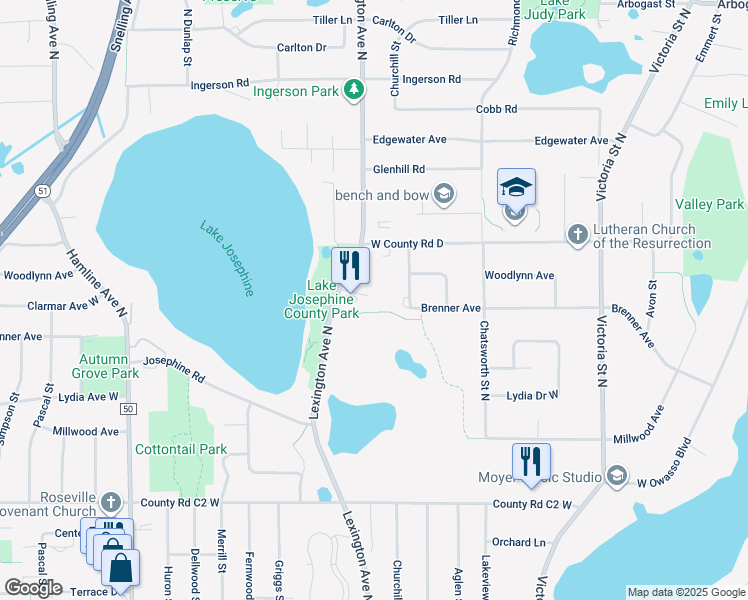 map of restaurants, bars, coffee shops, grocery stores, and more near 3076 Lexington Avenue North in Roseville