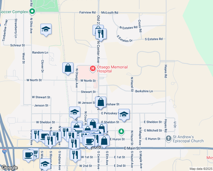 map of restaurants, bars, coffee shops, grocery stores, and more near 611 West North Street in Gaylord