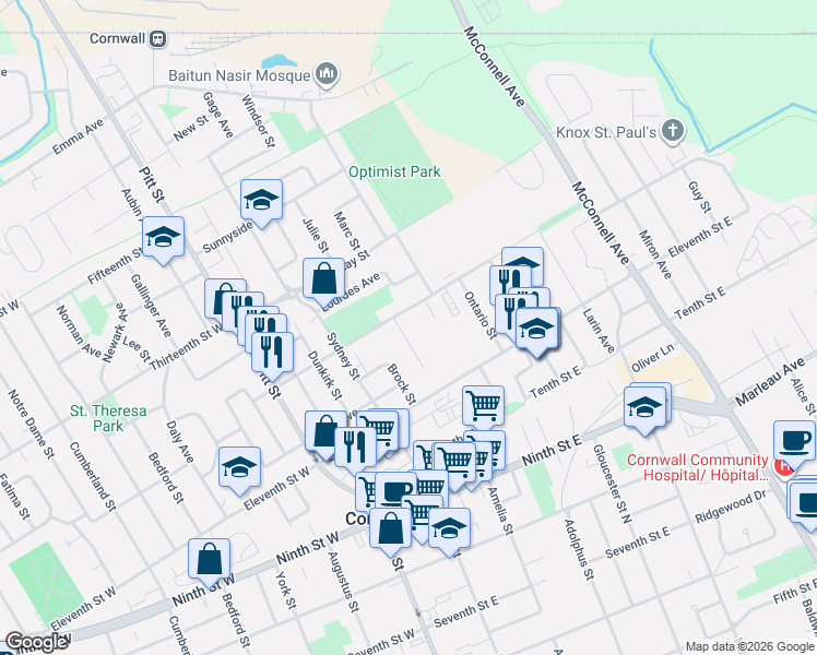 map of restaurants, bars, coffee shops, grocery stores, and more near 1101 Gretchen Court in Cornwall
