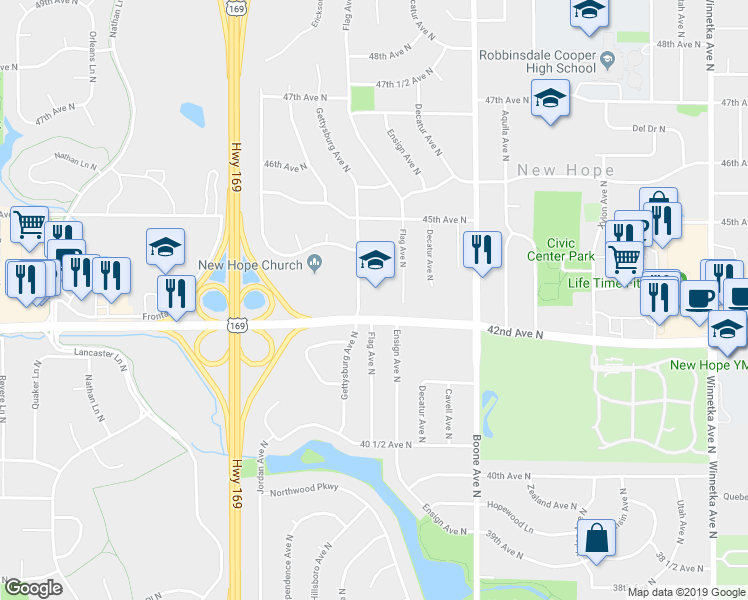 map of restaurants, bars, coffee shops, grocery stores, and more near 4240 Gettysburg Avenue North in New Hope