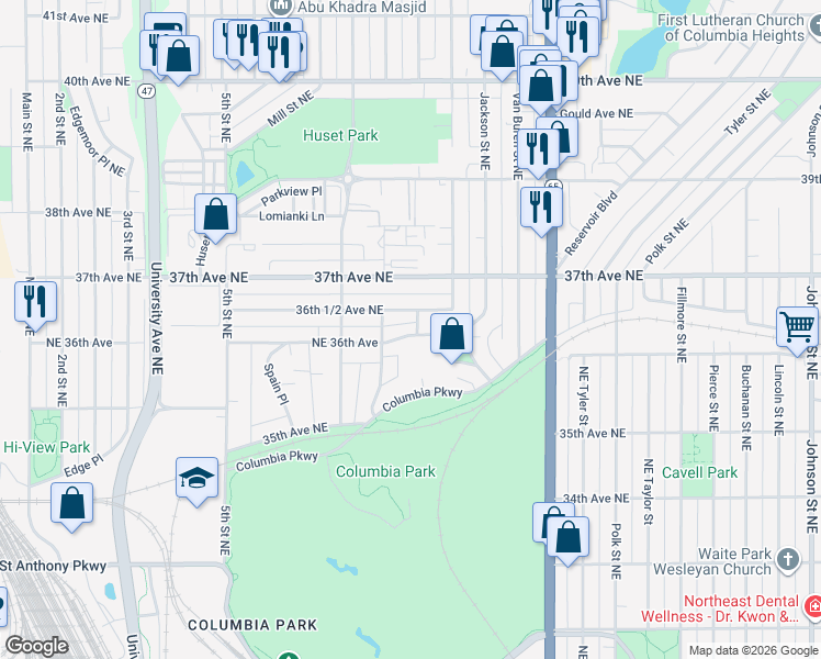 map of restaurants, bars, coffee shops, grocery stores, and more near 706 36th 1/2 Avenue Northeast in Minneapolis