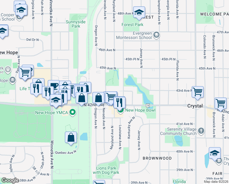 map of restaurants, bars, coffee shops, grocery stores, and more near in New Hope