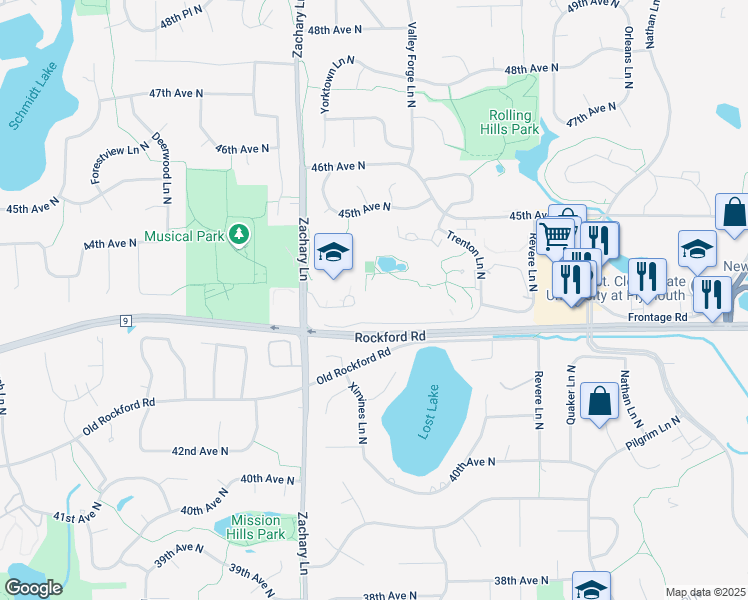 map of restaurants, bars, coffee shops, grocery stores, and more near 10840 Rockford Road in Minneapolis