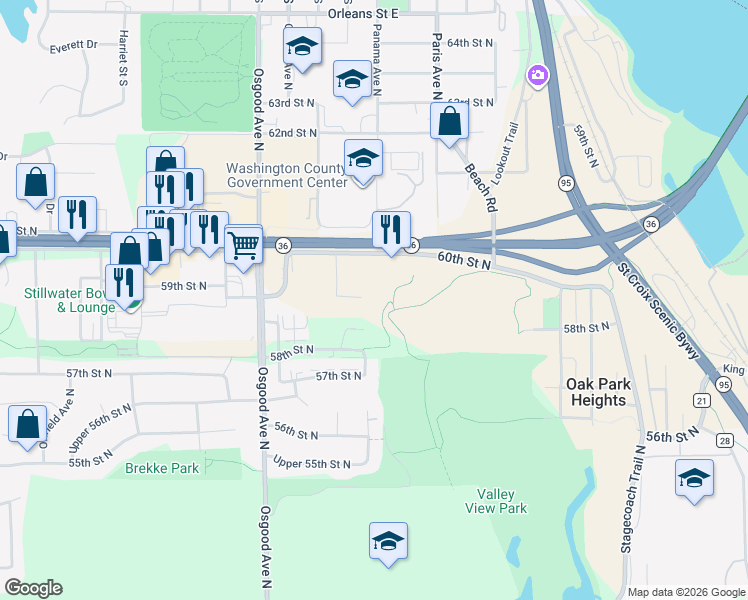 map of restaurants, bars, coffee shops, grocery stores, and more near 5853 Oxboro Avenue North in Stillwater