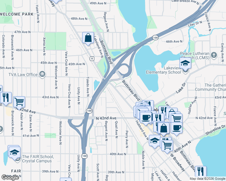 map of restaurants, bars, coffee shops, grocery stores, and more near 4351 West Broadway Avenue in Minneapolis