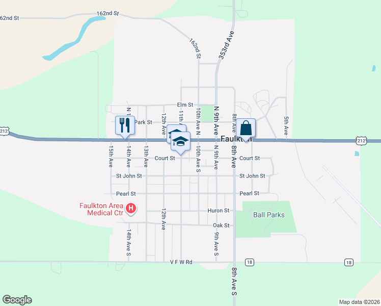 map of restaurants, bars, coffee shops, grocery stores, and more near 110 10th Avenue South in Faulkton