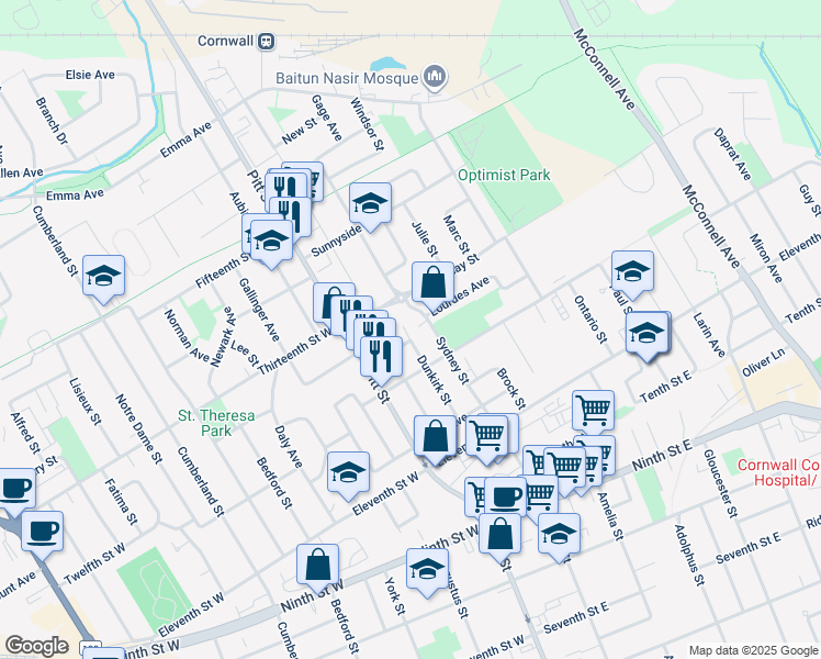 map of restaurants, bars, coffee shops, grocery stores, and more near 1229 Dunkirk Street in Cornwall