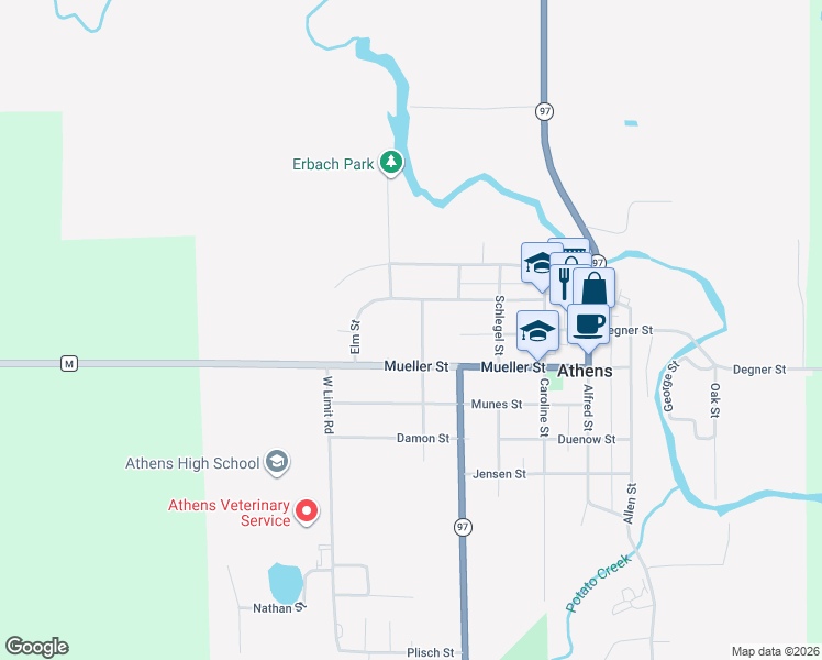 map of restaurants, bars, coffee shops, grocery stores, and more near 301 Washington Street in Athens
