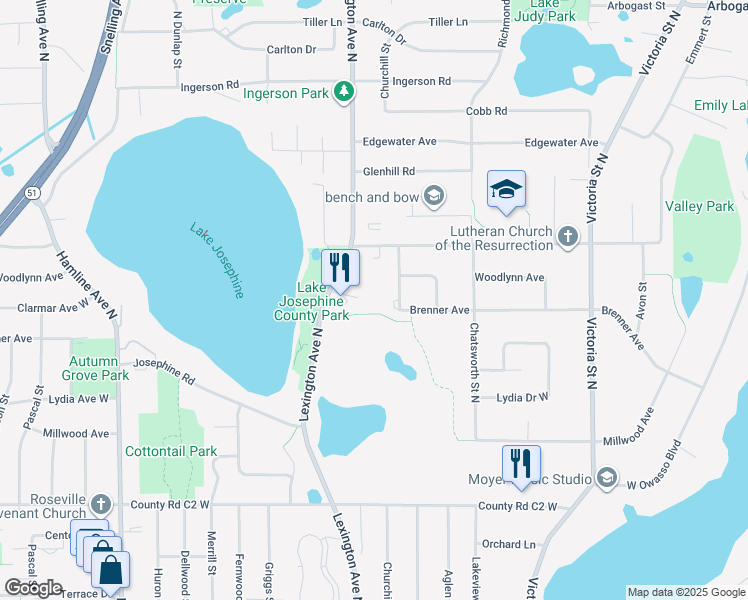 map of restaurants, bars, coffee shops, grocery stores, and more near 3076 Lexington Avenue North in Roseville