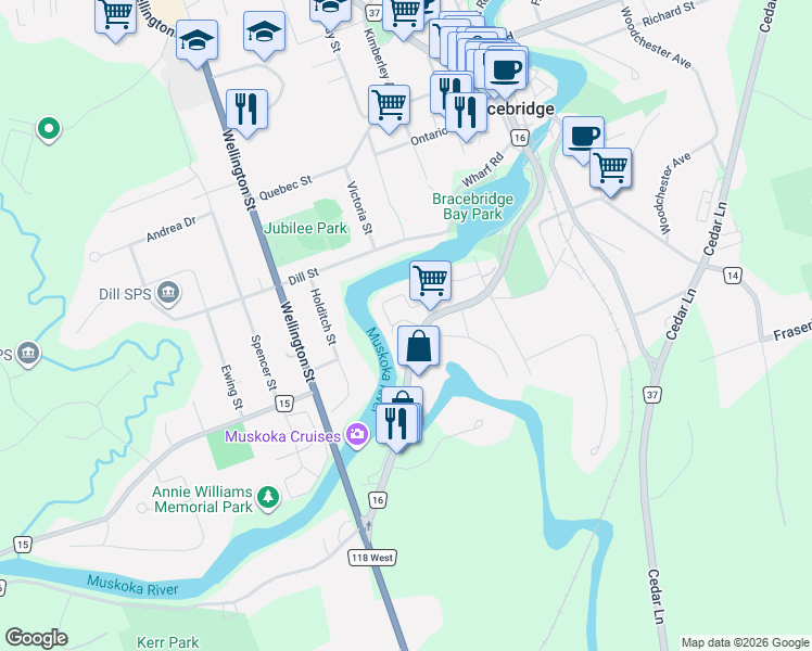 map of restaurants, bars, coffee shops, grocery stores, and more near 97 Shoreline Drive in Bracebridge