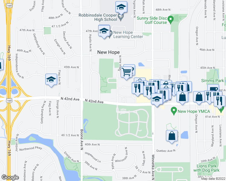 map of restaurants, bars, coffee shops, grocery stores, and more near 4301 Xylon Avenue North in Minneapolis