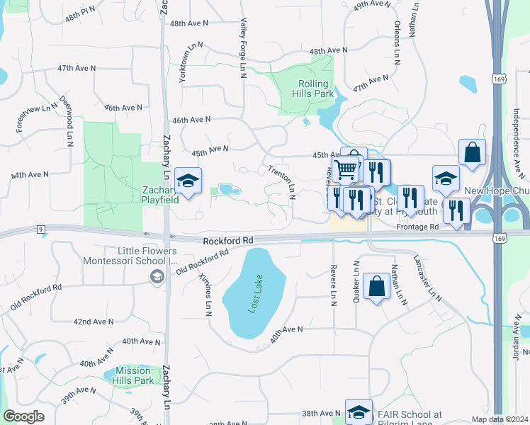 map of restaurants, bars, coffee shops, grocery stores, and more near 10600 43rd Avenue North in Minneapolis