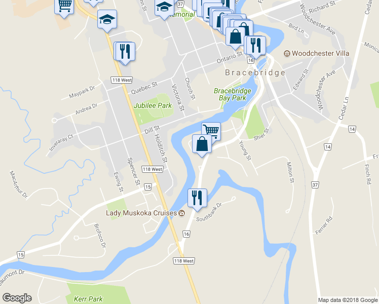 map of restaurants, bars, coffee shops, grocery stores, and more near 63 Shoreline Drive in Bracebridge