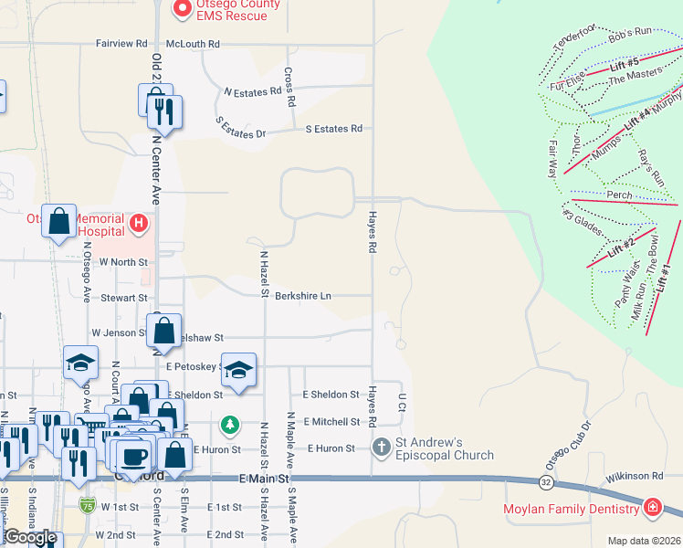 map of restaurants, bars, coffee shops, grocery stores, and more near 181-185 Hayes Rd in Gaylord