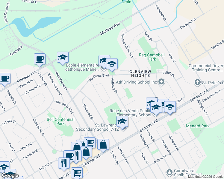 map of restaurants, bars, coffee shops, grocery stores, and more near 529 Anthony Street in Cornwall