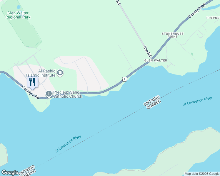 map of restaurants, bars, coffee shops, grocery stores, and more near 18419 Stormont, Dundas and Glengarry County Road 2 in Cornwall