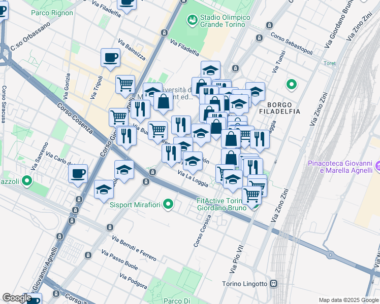 map of restaurants, bars, coffee shops, grocery stores, and more near 9 Via Asuncion in Torino
