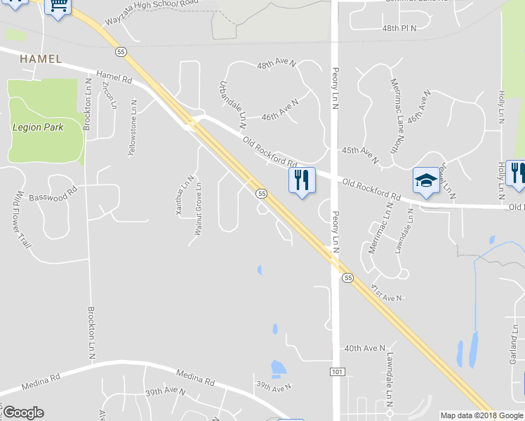 map of restaurants, bars, coffee shops, grocery stores, and more near 18245 Hamel Road in Plymouth