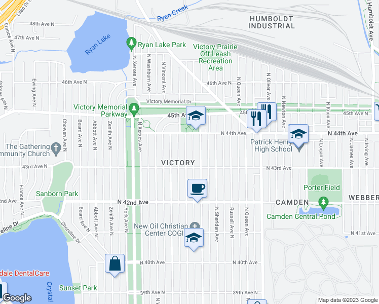 map of restaurants, bars, coffee shops, grocery stores, and more near 4328 Upton Avenue North in Minneapolis