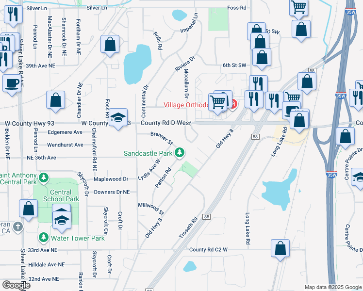 map of restaurants, bars, coffee shops, grocery stores, and more near 2453 Brenner Street in Roseville