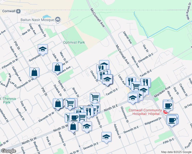 map of restaurants, bars, coffee shops, grocery stores, and more near 1125 Ontario Street in Cornwall