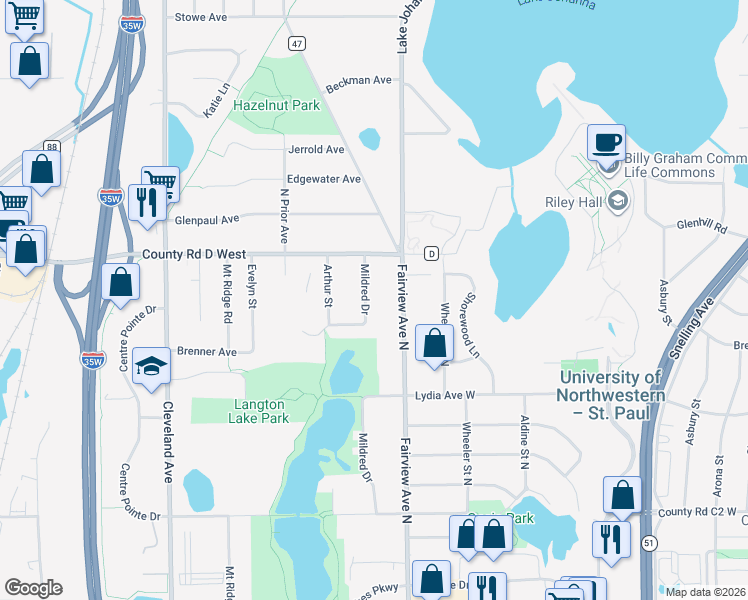 map of restaurants, bars, coffee shops, grocery stores, and more near 3084 Mildred Drive in Roseville