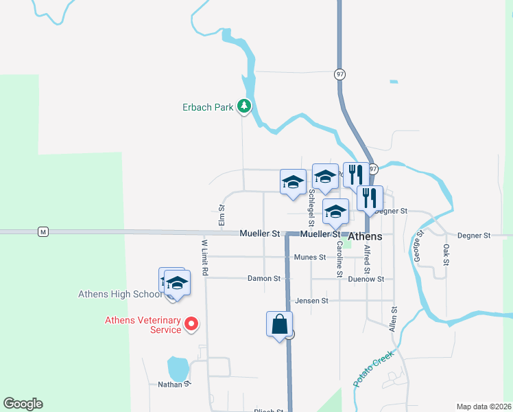 map of restaurants, bars, coffee shops, grocery stores, and more near 301 Washington Street in Athens