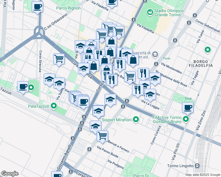 map of restaurants, bars, coffee shops, grocery stores, and more near 28 Corso Cosenza in Torino