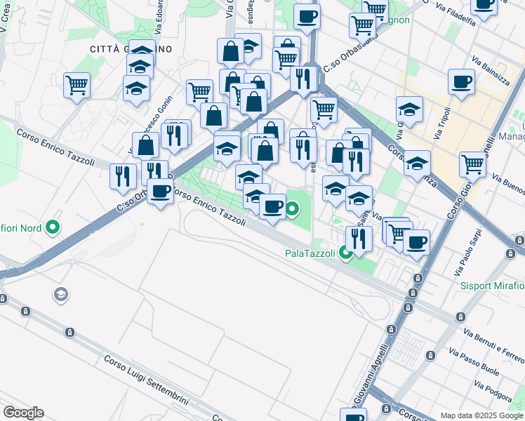 map of restaurants, bars, coffee shops, grocery stores, and more near Via Carlo Poma in Torino
