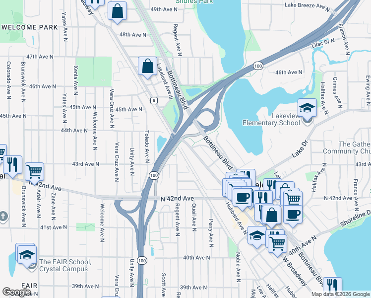 map of restaurants, bars, coffee shops, grocery stores, and more near 4351 West Broadway Avenue in Minneapolis