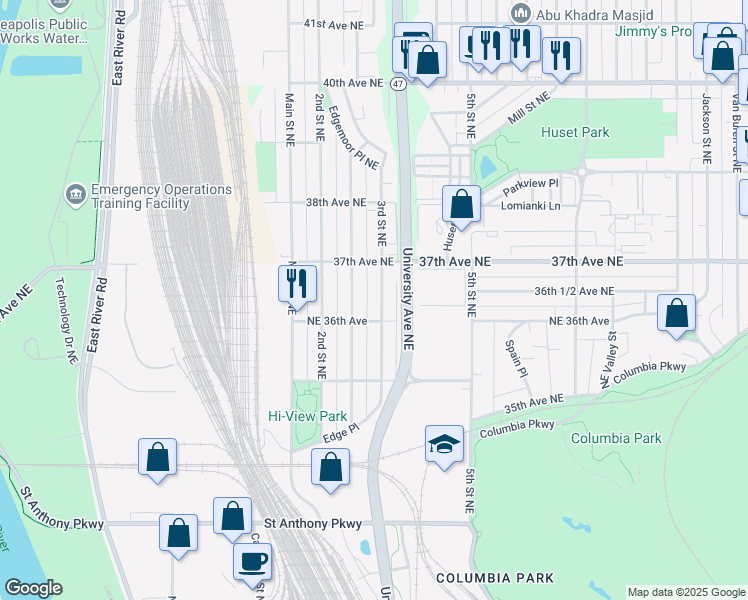 map of restaurants, bars, coffee shops, grocery stores, and more near 3622 3rd St NE in Minneapolis