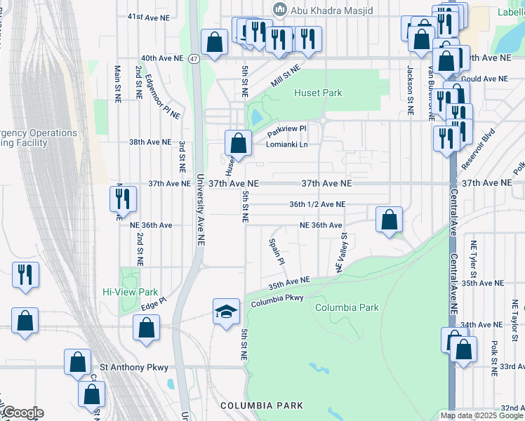 map of restaurants, bars, coffee shops, grocery stores, and more near 506 36th 1/2 Avenue Northeast in Minneapolis
