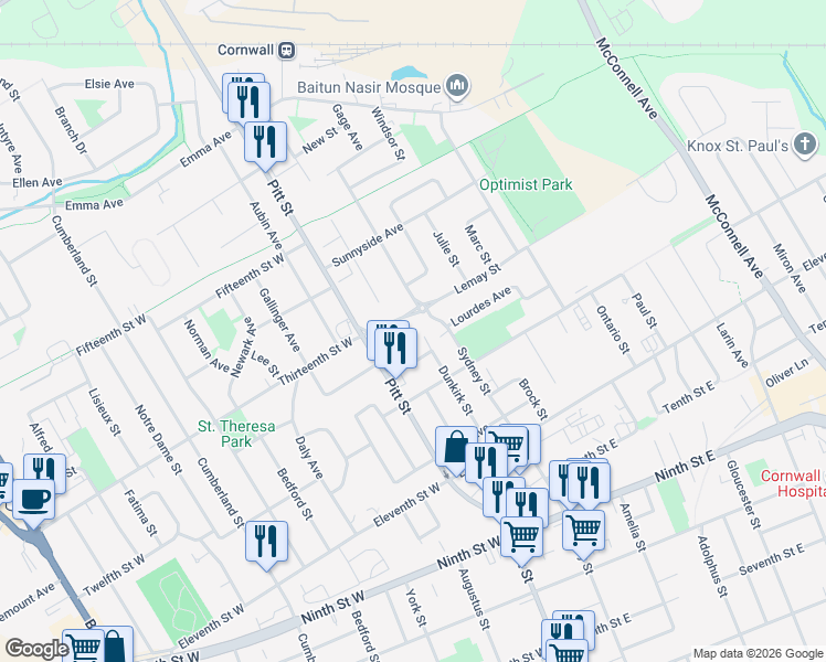 map of restaurants, bars, coffee shops, grocery stores, and more near 30 Thirteenth Street East in Cornwall