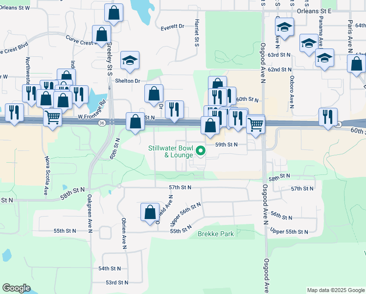 map of restaurants, bars, coffee shops, grocery stores, and more near 5886 Olene Avenue North in Oak Park Heights