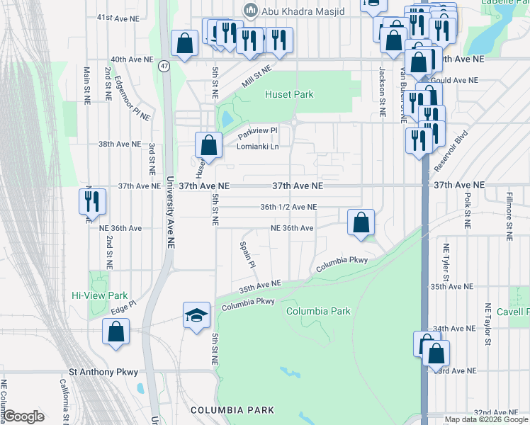 map of restaurants, bars, coffee shops, grocery stores, and more near 598 36th 1/2 Avenue Northeast in Minneapolis