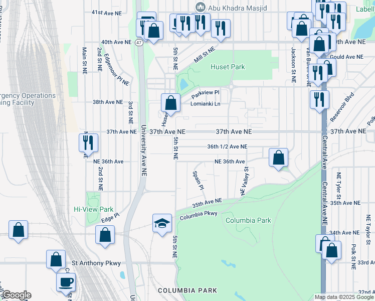 map of restaurants, bars, coffee shops, grocery stores, and more near 506 36th 1/2 Avenue Northeast in Minneapolis