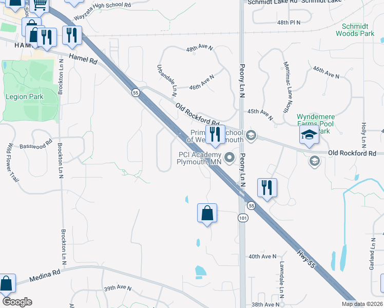map of restaurants, bars, coffee shops, grocery stores, and more near 18147 Hamel Road in Plymouth