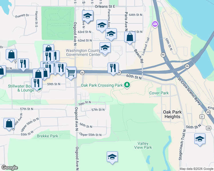 map of restaurants, bars, coffee shops, grocery stores, and more near 5873 Oxboro Avenue North in Stillwater